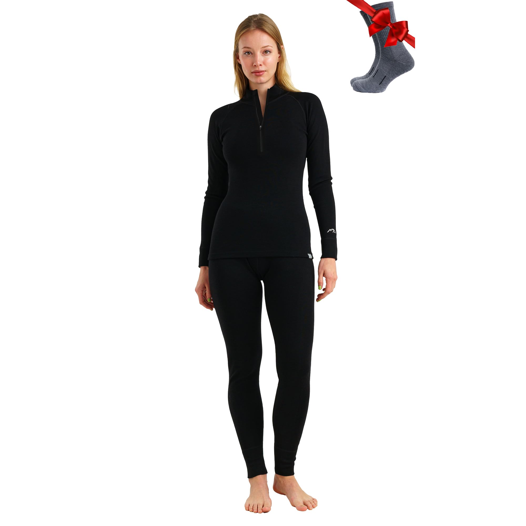 Merino tech Womens Merino Wool Base Layer Set - Zip-Up Heavyweight Midweight Thermal Top Bottom