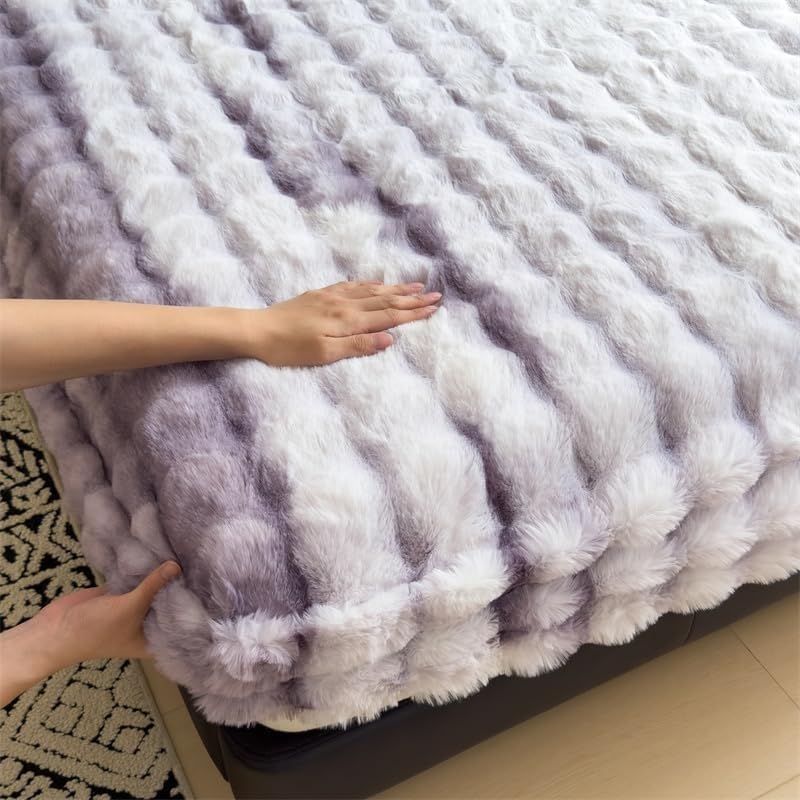 Milk Velvet Bedding Fitted Sheet Mattress Cover, Luxury Soft Fuzzy Bottom Sheet Velvet Fitted Faux Fur Bottom, Flannel Warm Tie Dyed Mattress Cover(Purple,Cal-King 78"x87")