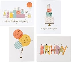 Masterpiece Colorful Party Time Birthday Cards / 24 Boxed Birthday Note Cards With Shiny Gold Foil Accents And Colored Envelopes / 4 5/8" x 6 1/4" Folded Greeting Cards With Inside Verses / 4 Modern Designs