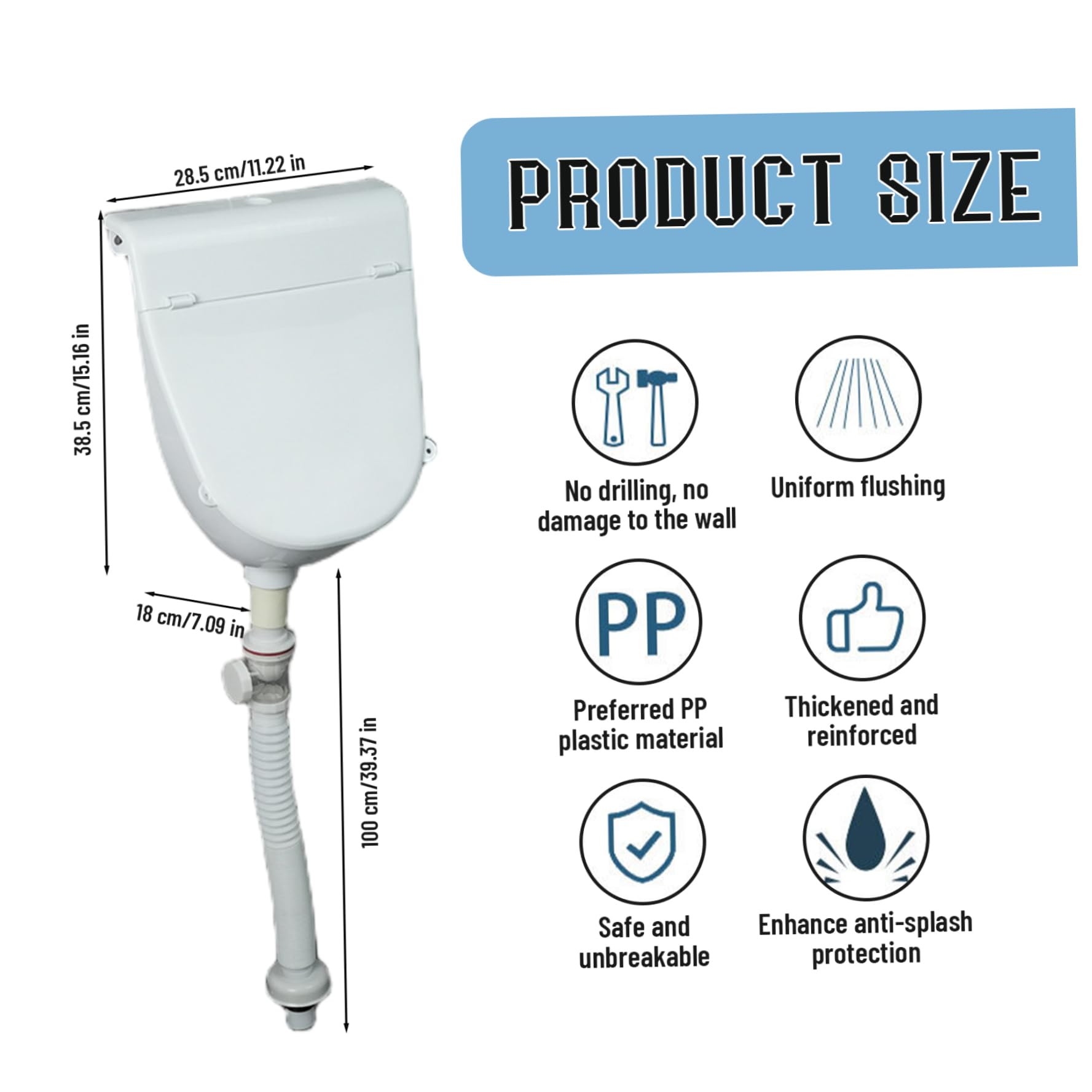 Urinal Mit Deckel Pissoir Wasserlose Urinalwand montiertes Anti Splash Plastik Urinale für Männer mit Pfeife für Badezimmer Toilettenhausgarten RV, weiß