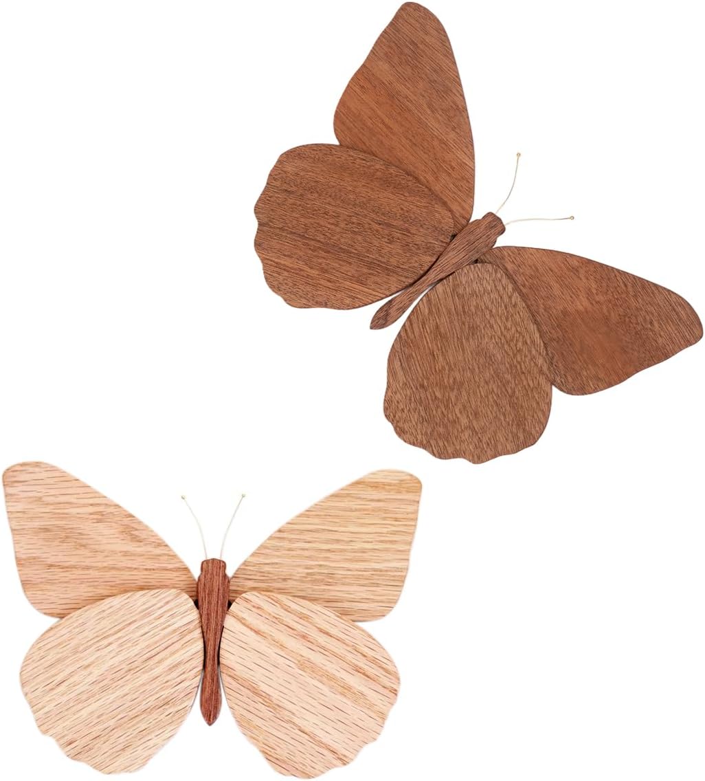 Telinego 2 Pack Handmade Wooden Butterfly Wall Art Hanging Decor Butterflies Wall Art Hanging Sculpture for Bedroom Bathroom Living Room Butterfly Home Decoration for Kids Baby Nursery Room Decor (Brown+Beige)