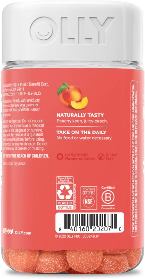 OLLY Probiotic + Prebiotic Gummy, Digestive Support and Gut Health, 500 Million CFUs, Fiber, Adult Chewable Supplement for Men and Women, Peach, 70ct