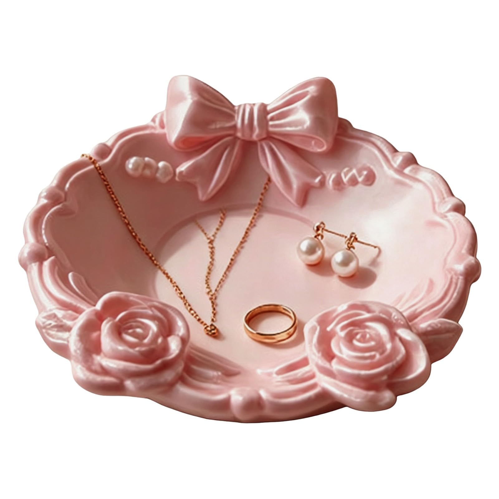 Glifora 3D Printed Jewelry Tray - Small Round Ring Holder Dish with Bow for Women and Girls, Floral Trinket Bowl Jewelry Organiser for Vanity and Dresser Decor