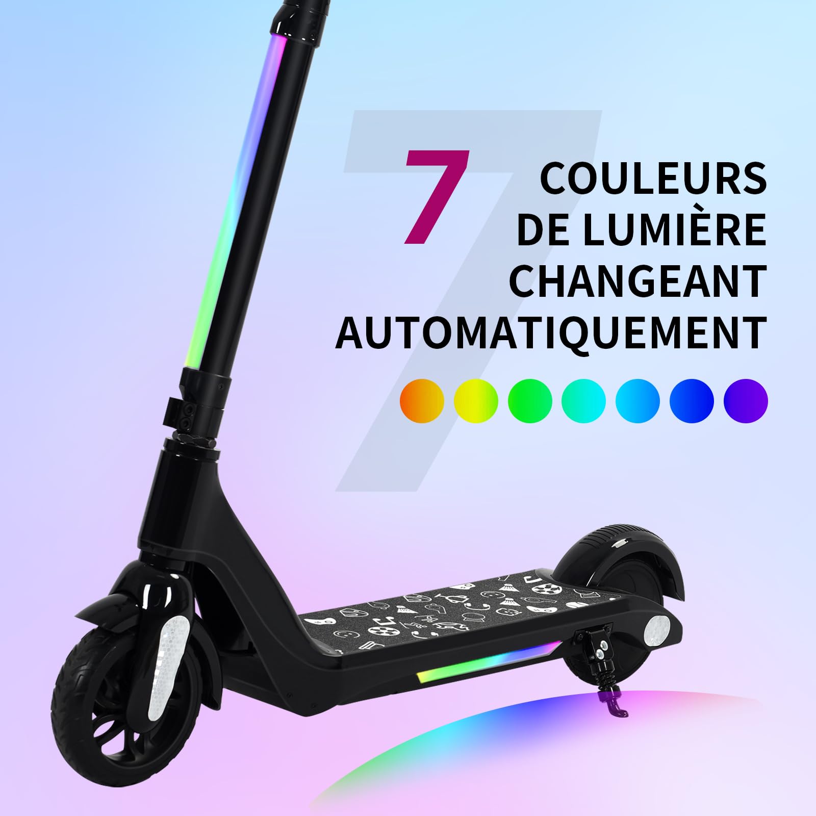 Trottinette Electrique Enfant 6 a 12 Ans, Lumières Arc-en-Ciel Colorées, Charge Max 50 Kg,Autonomie de 8 km, Affichage LED, Vitesse et Hauteur Réglables, Trottinette Electrique pour Enfants