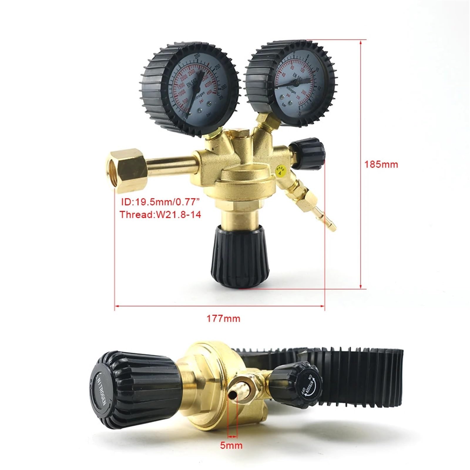 Brass Nitrogen Regulator 0-4500PSI Gas Pressure Reducing Valve Connection Gauges Welding W21.8 Thread