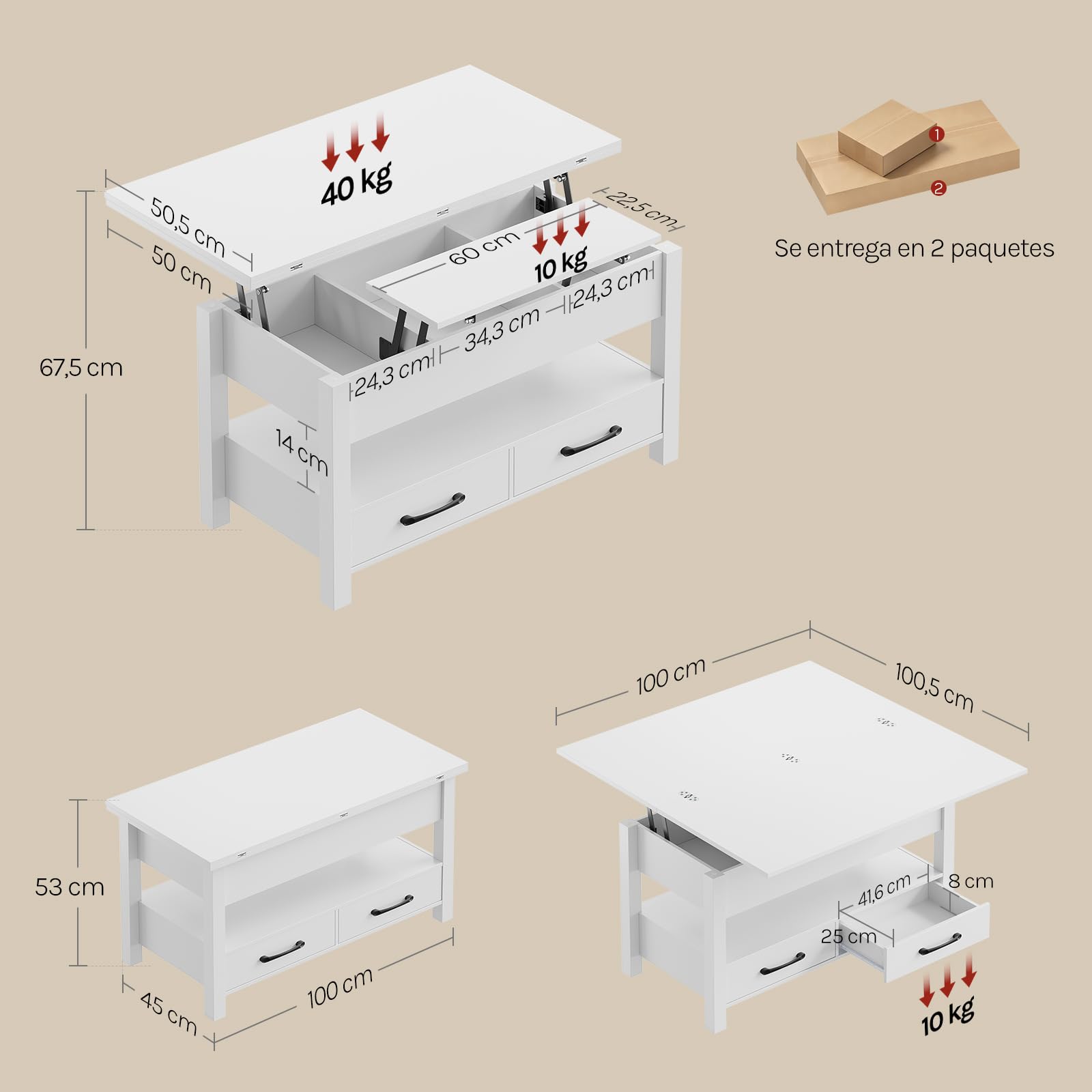 WOLTU Mesa de Centro Elevable, Mesita Salon con Espacio Oculto, Zona Abierta y 2 Cajones, Mesa Salón Elevador y Extensible, Multifuncional para Sala y Estudio, 100x50,5/100x53/66 cm, Blanco