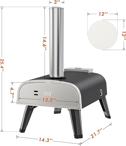 Miniatura 9 de Horno de pizza al aire libre de 12 pulgadas, horno de pizza de pellets para exteriores, horno de pizza portátil de acero inoxidable para patio