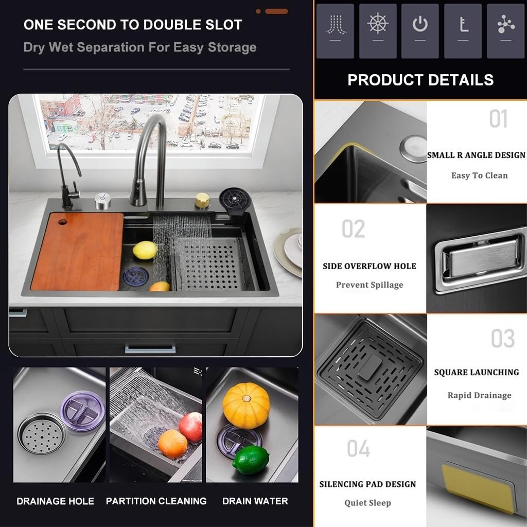 Waterfall Kitchen Sink Single Bowl Stainless Steel Bar Sink with Pull-Out Faucet, Booster Cup Washer Chopping Board and Other Accessories (Color : Black, Size : 80x45x22cm)