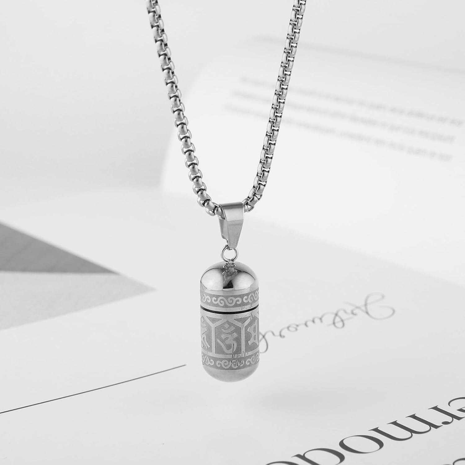 STWTR Tibetan Buddhist Meditation Stainless Steel Pendant Memorial Cremation Grey Pill Container Necklace for men and women with 23.6 "+1.9" necklace - Image 5