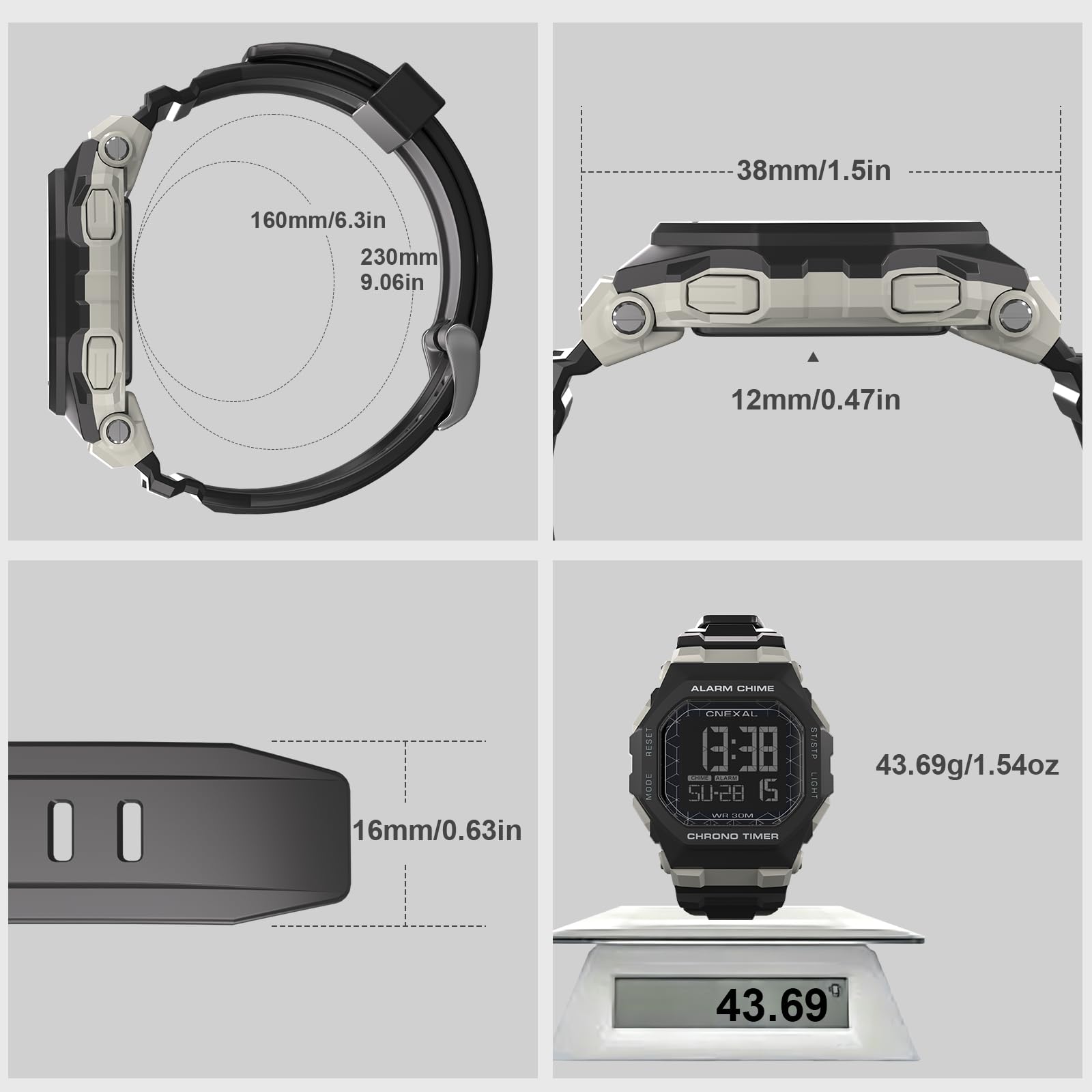 Montre de sport numérique pour homme - Résistante à l'eau - Lecture facile avec grand écran, chronomètre, alarme et batterie de 18 mois