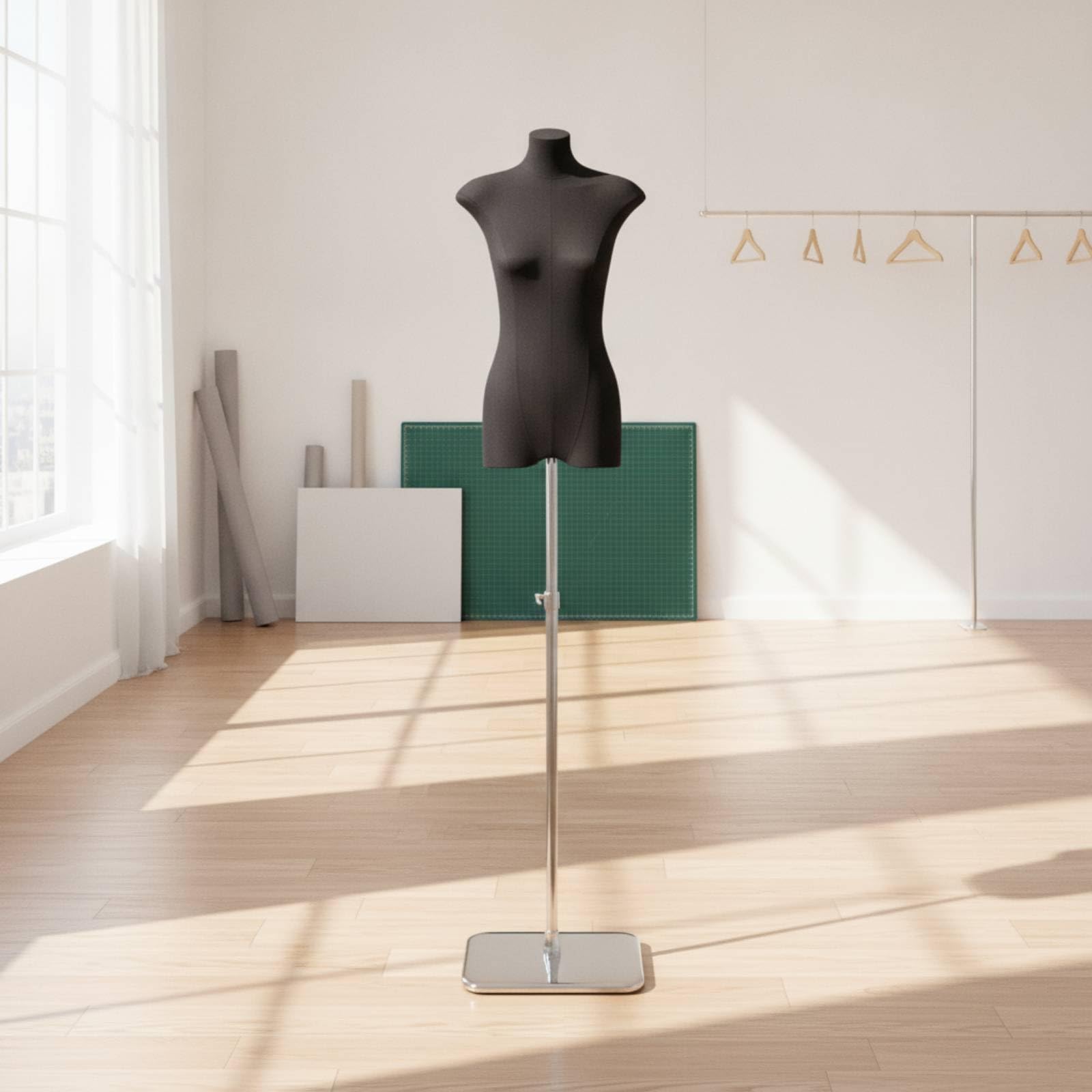 Manichino Donna Torso Espositore , Nero , Base A Triangolo Grande, Asta Telescopica 1,2 Metri, Senza Mani