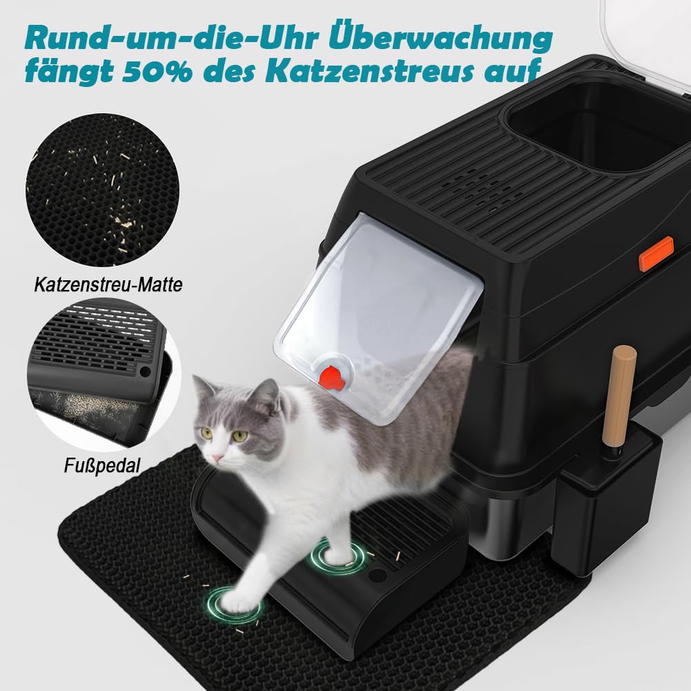 Katzenklo Edelstahl XL, Groß Edelstahl Katzentoilette mit Deckel, Stainless Steel Cat Litter Box, Geschlossen Katzen Klo, Zwei Ausgänge, Schaufel+Matte+Trettstufe- 60x 40x 39,5cm(Schwarz)