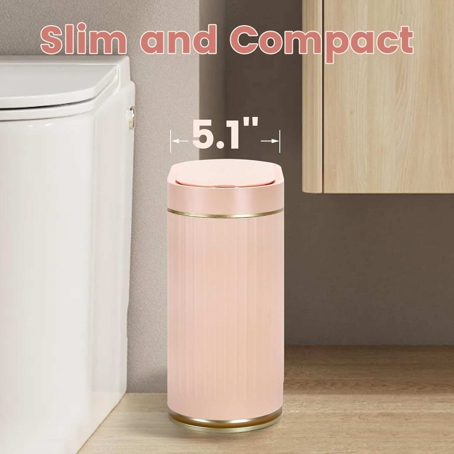 ELPHECO Bathroom Trash Can 2 Gallon Plastic Smart Garbage Can Waterproof Wastebasket Bathroom Decor Narrow Garbage Bin with Automatic lid for Bedroom, Kitchen (Pink Gold)