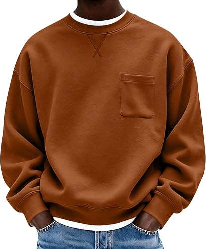 Mens Crew Neck Sweatshirt with Chest Pocket V-Stitch Vintage Pullover