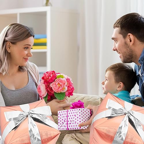 Miniatura 8 de Deermon Caja de regalo rosa con forma de cubo de Navidad, globo de fiesta con cinta plateada, caja de regalo cuadrada, cubo de Mylar decoración de