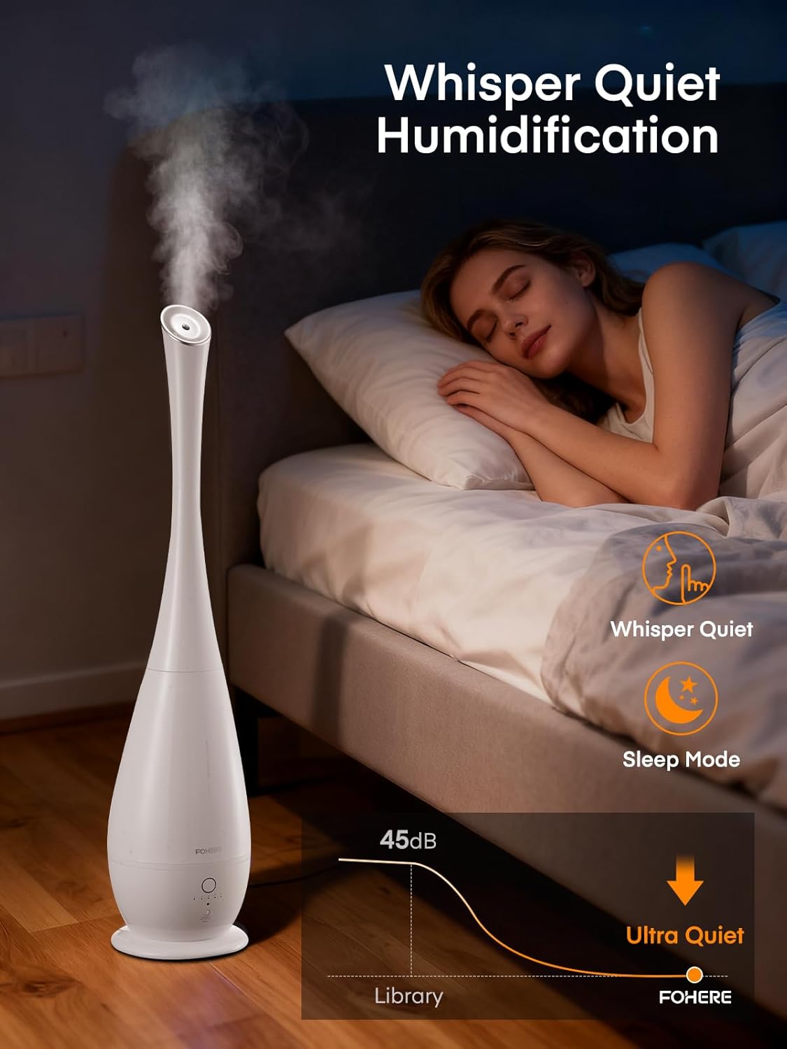 FOHERE Humidifiers for Bedroom Large Room, 5L Cool Mist Quiet Humidifier 48H Long Last for Indoor Plant, Baby, Home, Office with Humidity Sensor, Aroma Box, 3 Speed Settings, White
