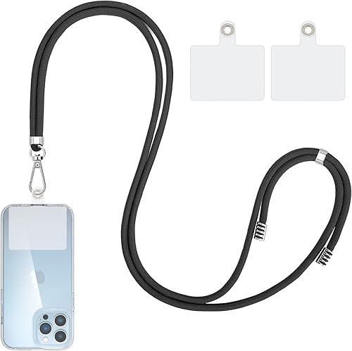 Cordón cruzado para teléfono celular, cordones universales para teléfono con 2 parches transparentes compatibles con la mayoría de teléfonos (negro)