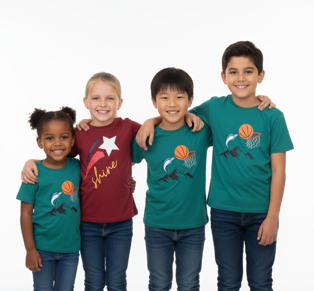 My Bow Sports T Shirt, Cotton, Basketball Print, Dark Teal, Deep Red, Short Sleeve, 2Pack Combo, 4-14 Years, Boys Girls
