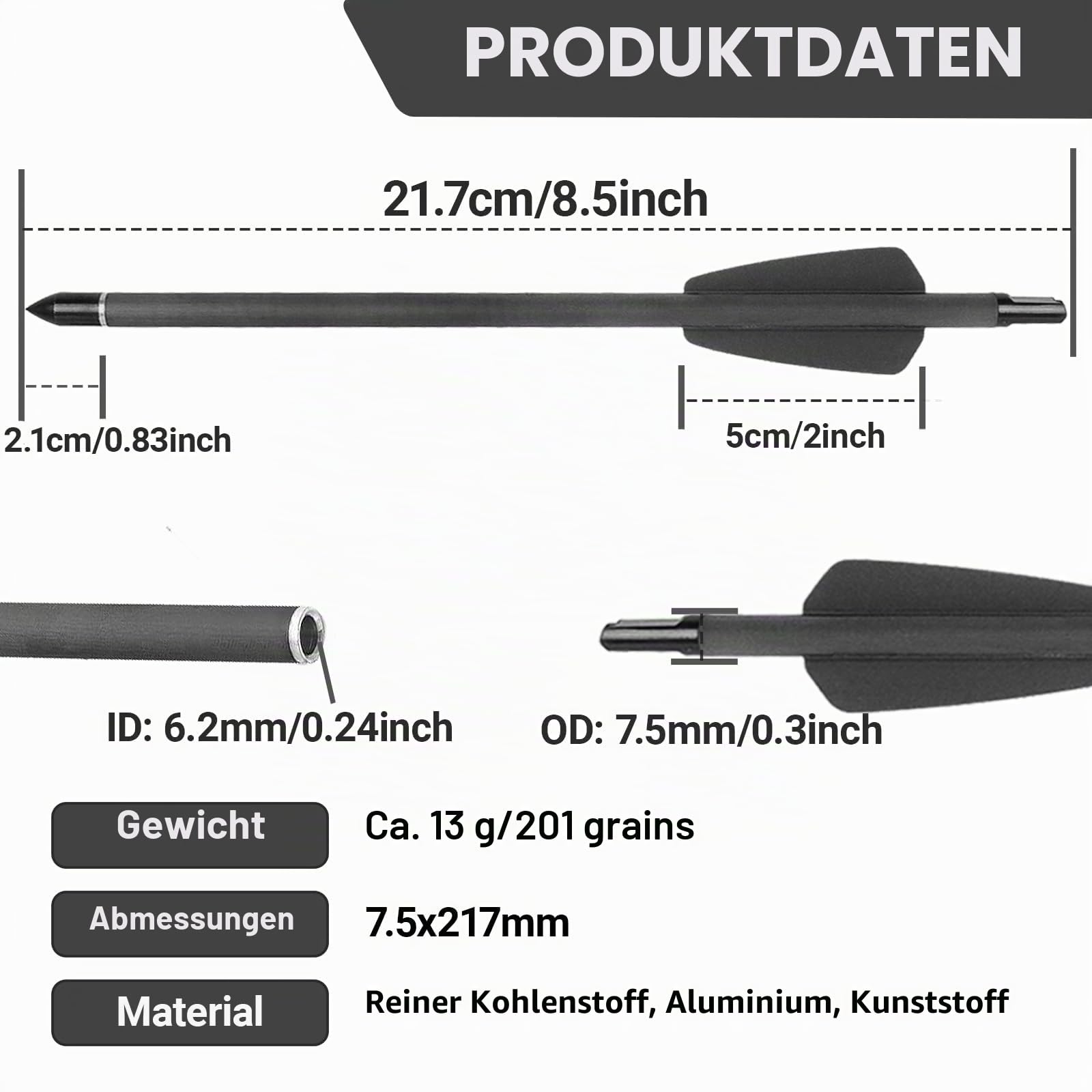 12stk Armbrustpfeile 7.5 Zoll Armbrustbolzen Carbon Pfeile mit 100 Grains Pfeilspitzen für Pistole Armbrust Adder Cobra System R9 Bogenjagd Präzisionsziel Bogenschießen