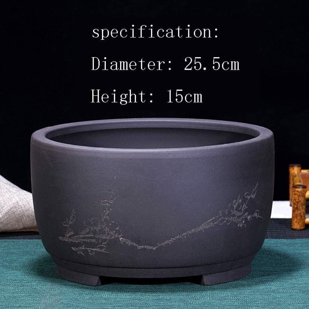 Generico Vaso bonsai tradizionale cinese in ceramica nera opaca con foro di drenaggio, fioriera rotonda floreale incisa for piante grasse da interno, decorazioni for la casa
