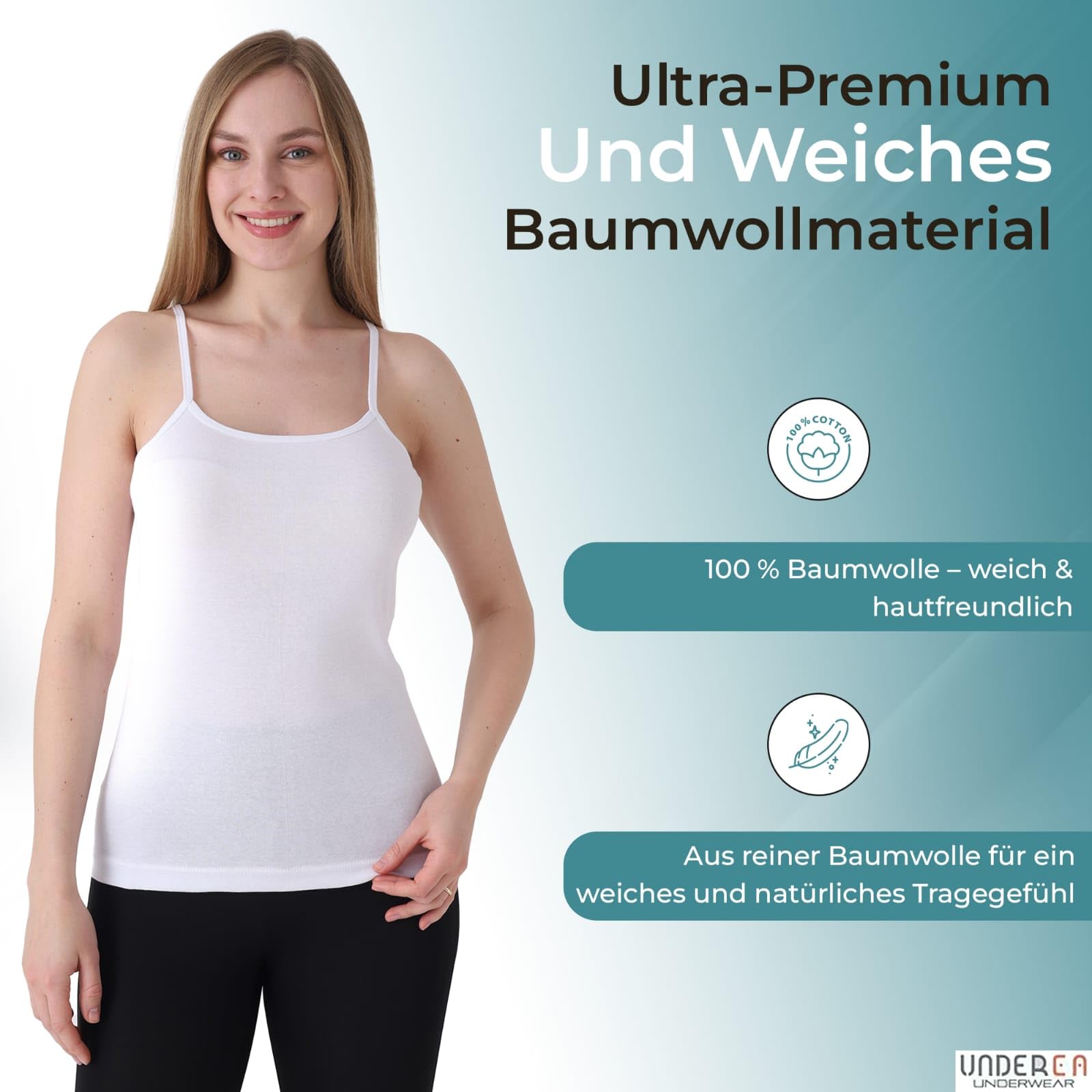 UNDERA - Pack de 3 camisetas interiores para mujer, 100% algodón, tirantes delgados, suave, transpirable, para uso diario, ocio y ropa interior