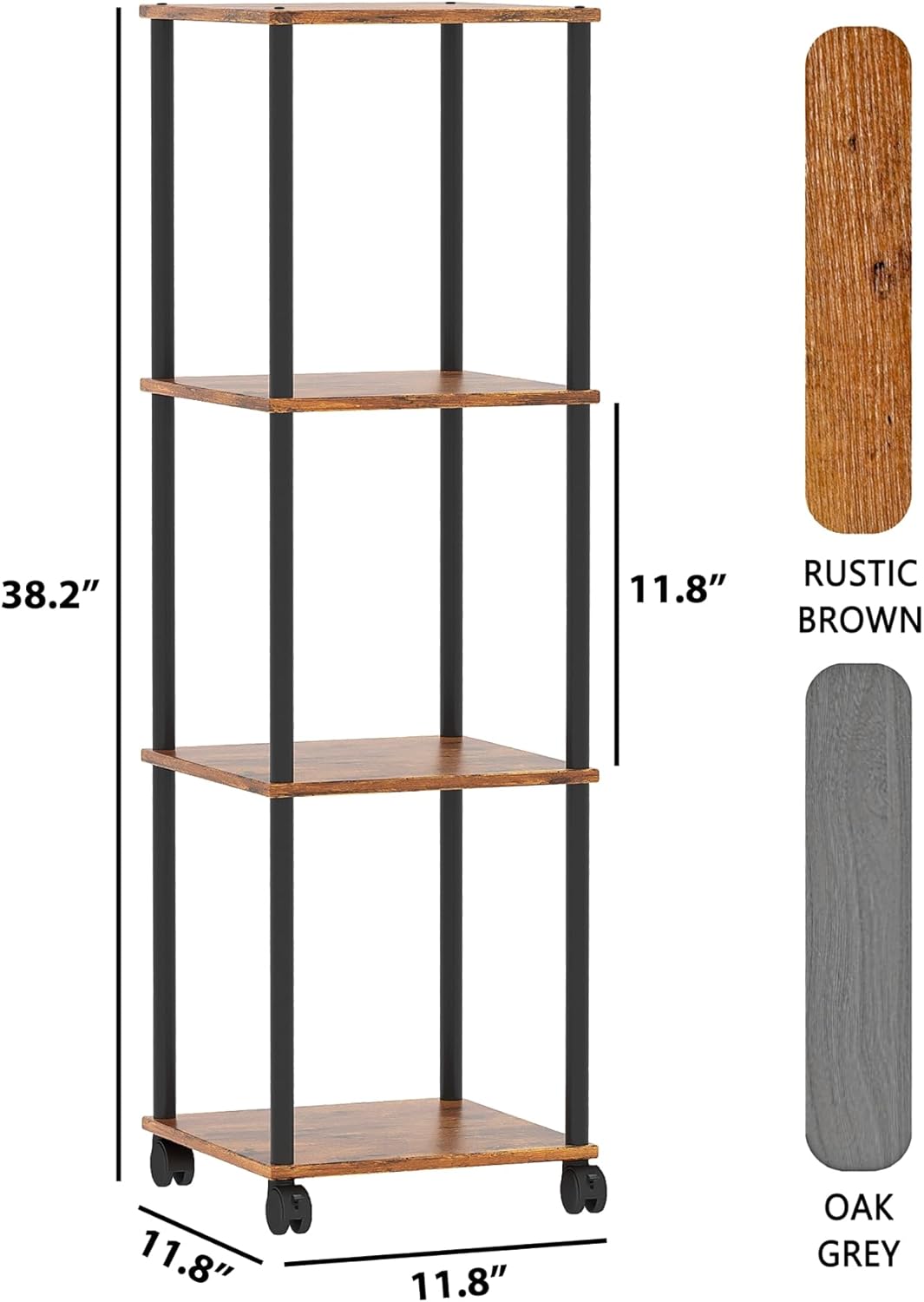 Bathroom Shelving Unit with Wheels, 4-Tier Narrow Open Floor Shelves, Metal Corner Slim Storage Rack for Bathroom Laundry Room Kitchen Living Room, Rustic Brown