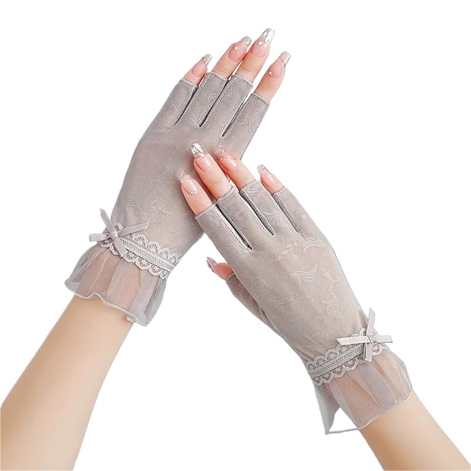 JMORCO Sun Gloves 1 Pair Women Summer Ice Silk Sexy Lace Thin Sunscreen Half Finger Gloves Non Slip Breathable Drive Cycling(Grey)