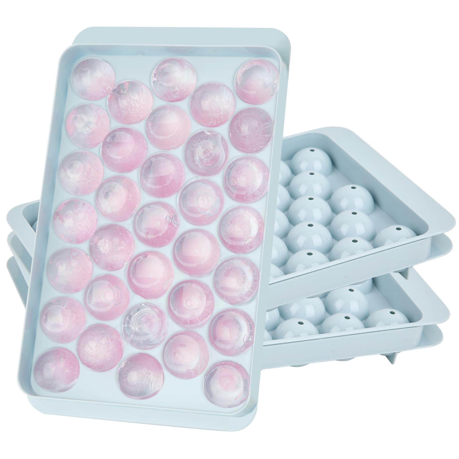 Samuelworld Ice Cube Tray with Lid - 99 Round Small Ice Ball Making Mold for Freezer (Set of 3), Premium Silicone Mini Sphere Ice Cube Mold for Juice, Coffee and Drinks, Blue