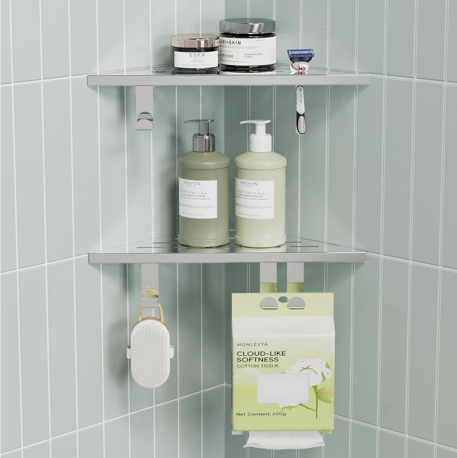 10’’ Shower Corner Shelf, Stainless Steel Shower Shelves with Razor Hole for Bathroom, Grout in Corner Shelf with Hooks for Tiled Wall 2 Pack, Polished