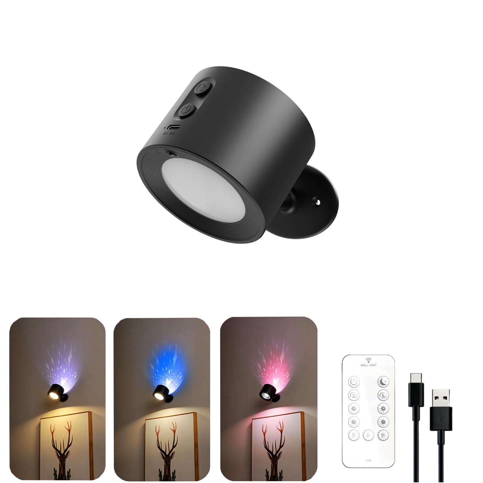 XXHKF Reading lamp, Book lamp, Rechargeable wall lamp, 360 ° rotatable Magnetic Wireless LED wall lamp, Remote Control and Timer, dimmable Battery Powered, no Drill Hole lamp, Black