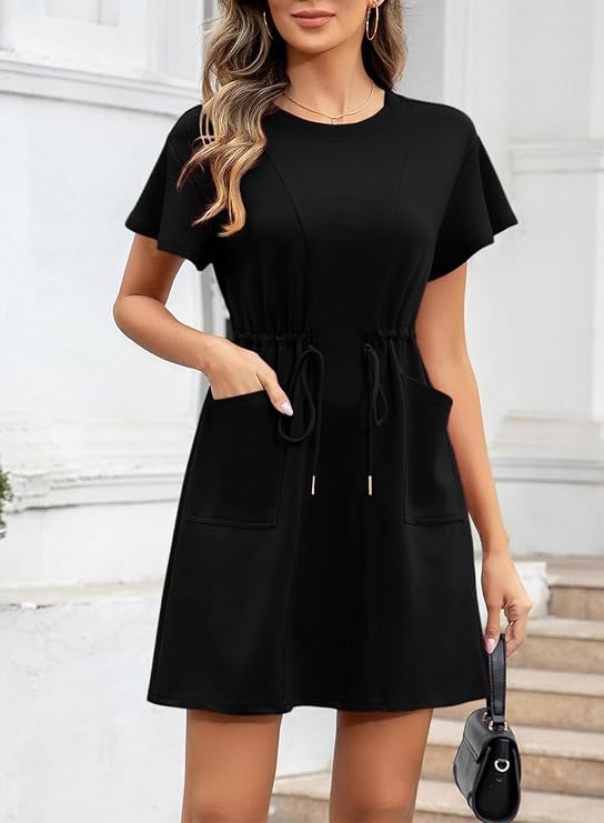 EVALESS Womens Spring Summer Dresses 2026 Casual Round Neck Ruffle Short Sleeve Flowy A Line Mini Dress with Pockets