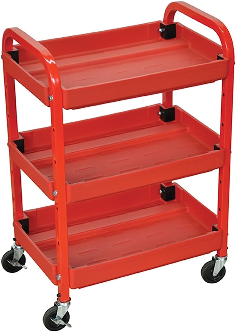 Offex 32 H Mobile Adjustable Multipurpose Utility Cart with 3 Plastic Shelves, Metal Frame and Rounded Handle - Red, Great for Garage, Shop or Storage Area