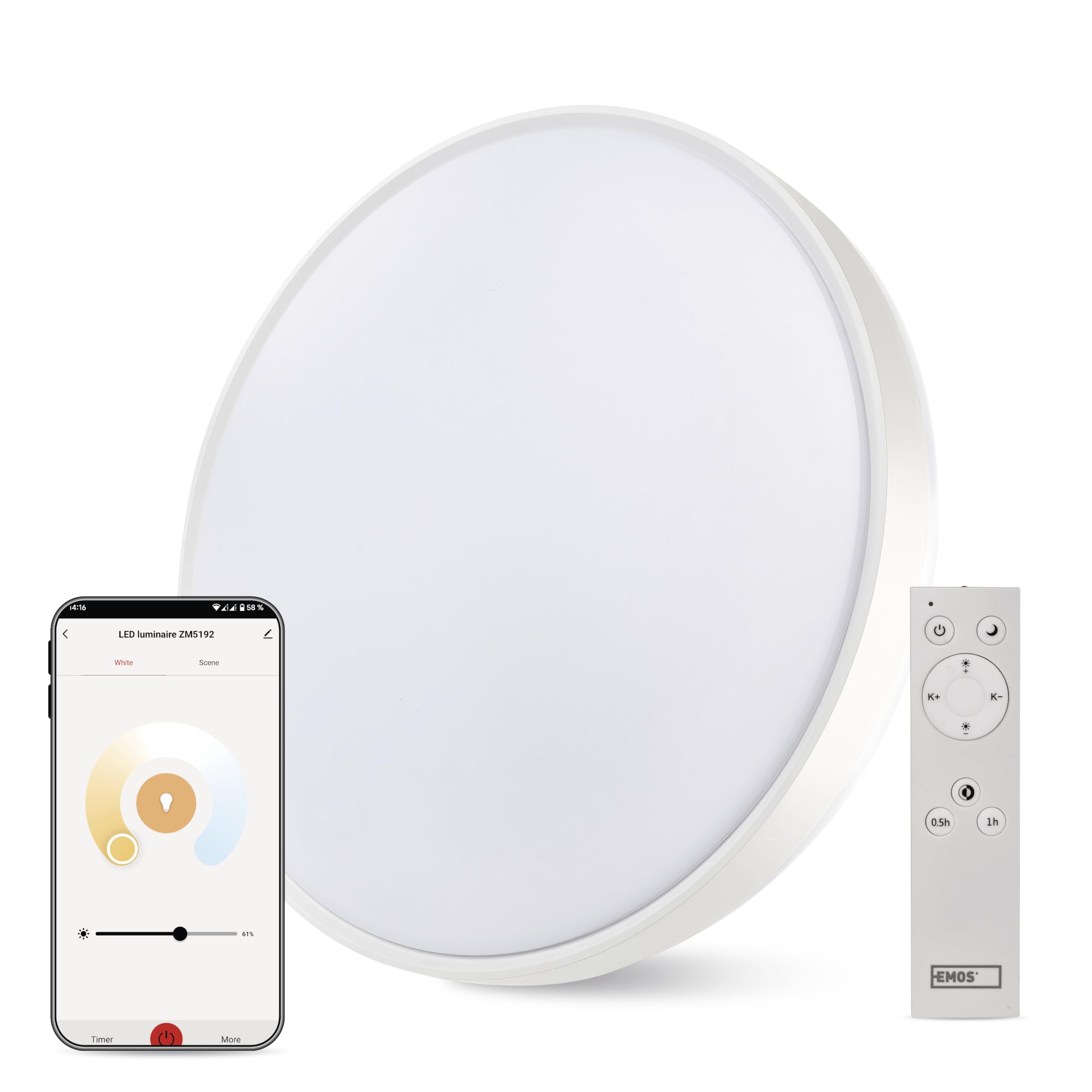 EMOS GoSmart lampa sufitowa 45 W, biała, inteligentna lampa panelowa do wnętrz, okrągła 50 cm, 2700 lm, możliwość ściemniania, regulowana barwa światła, sterowanie za pomocą pilota zdalnego sterowania