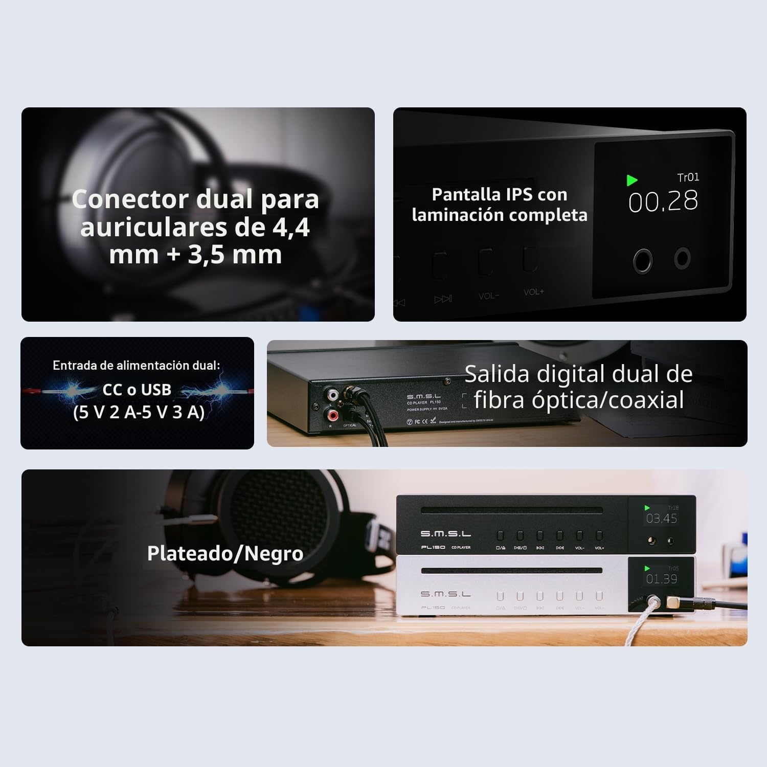 SMSL PL150 - Reproductor de CD estéreo, estándares compatibles y mini CD, soporte para MP3-CD, chips de decodificación CS43198, RCA, auriculares de 3,5 mm y 4,4 mm, fibra de vidrio, interfaces de