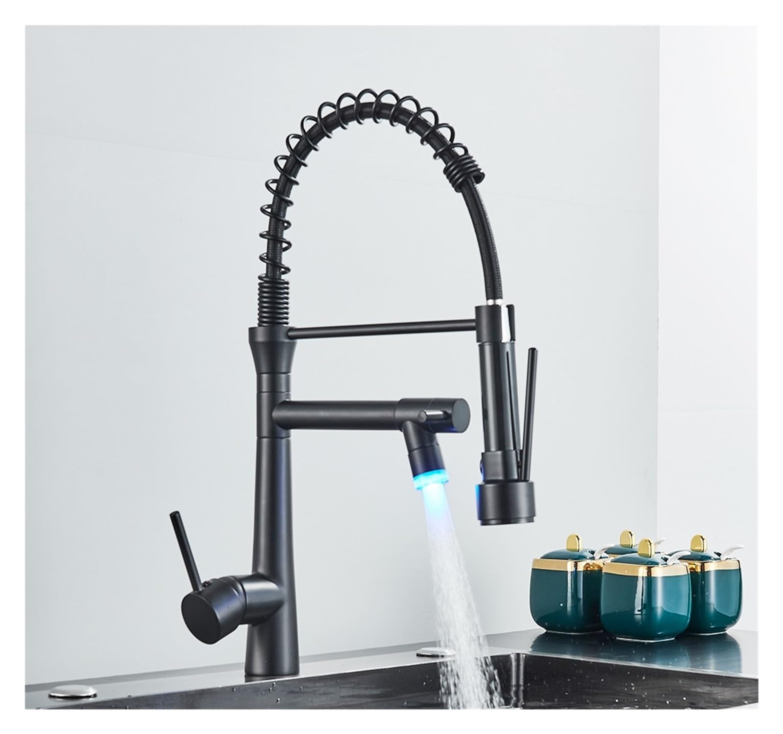 Robinet de cuisine LED extractible anti-éclaboussures en laiton noir pour grand évier
