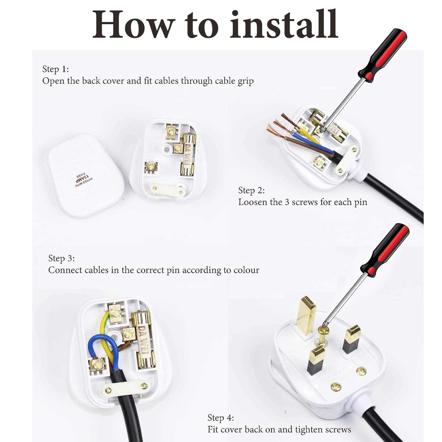 PLUSHA UK 3 Pin Plug, Fused Plug, Rewireable 3 Pin Plug UK with Cord Grip Heavy Duty 13 Amp White Electrical Main Plugs for Home, Office, Appliances Pack of 3 - Image 4
