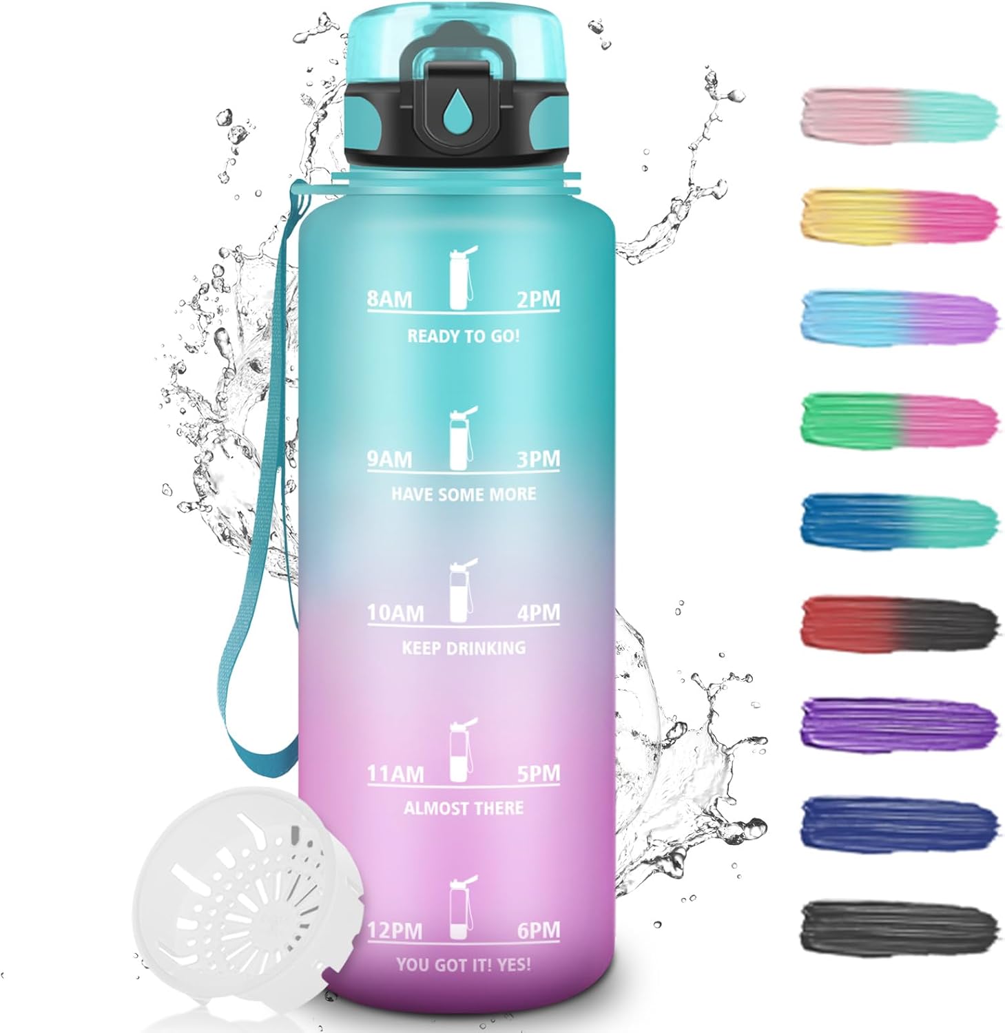 Grsta Drinking Bottle, 1.5 Litres, Sports Water Bottle with Filter, Water Bottle Hiking with Time Marking, Adult Water Bottle, Can Be Carried, Water Bottle for Fitness, Camping, Outdoor