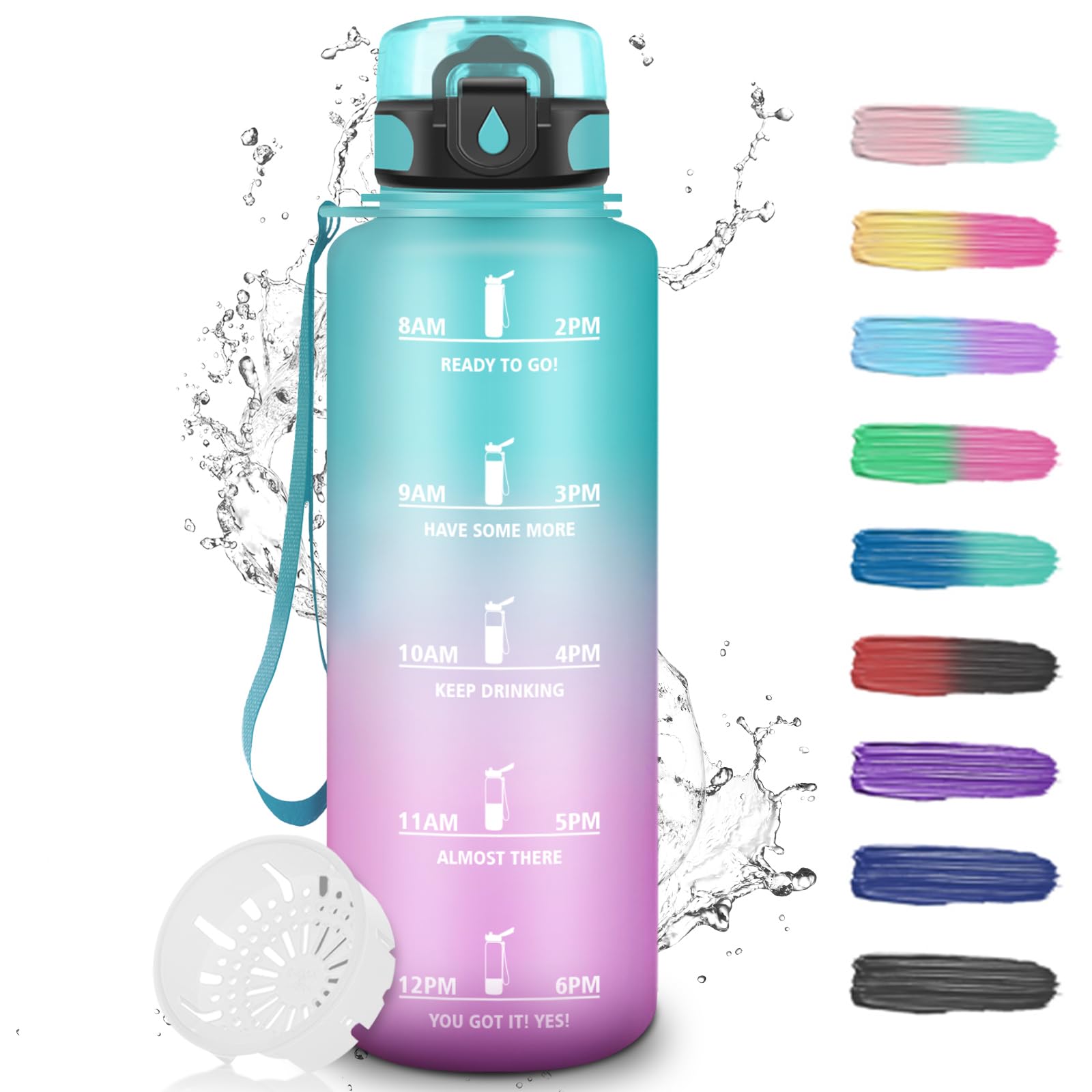 Grsta Men's Green-Pink Drinking Bottle, 1.5 Litres, Sports Water Bottle With Filter, Water Bottle Hiking With Time Marking, Adult Water Bottle, Can Be Carried, Water Bottle For Fitness, Camping, Outdoor