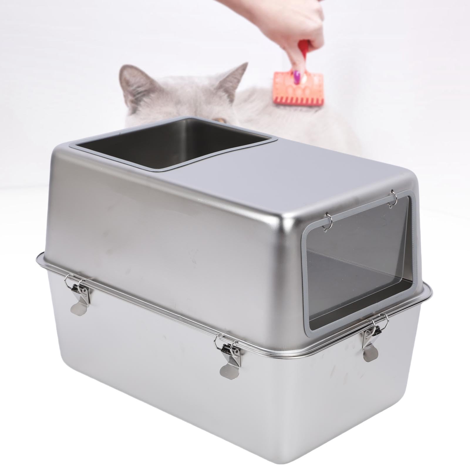 Lettiera per Gatti in Acciaio Inossidabile con Coperchio, Lettiera per Gatti con Design a Prova di Spruzzi e Ingresso dall'alto, con Grande Contenitore in Metallo per e Paletta per,