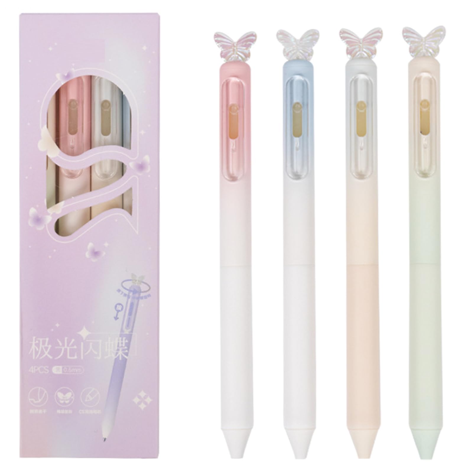 MOZXIRZ 4 Pcs Cute Retractable Pens Butterfly Gel Pen 0.5mm Fine Point Black Ink Smooth Writing Pen Office School Supplies Aesthetic Gradient Pastel
