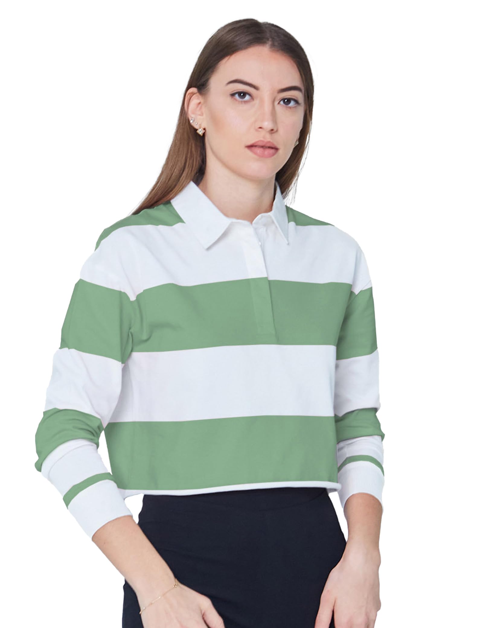 Enorsia Women's Green Raw Edge Hem Crop Striped Polo Shirt With Yarn Dye, Long Sleeves, Woven Collar, Matching Placket & Button At Front, Cropped Length (10, )