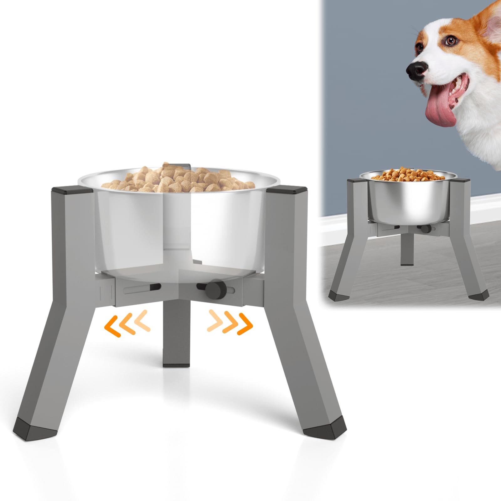 SHAINFUN Raised Dog Bowl Stand, Adjustable Width 5.2-8.66'', Eelevated Dog Food Water Bowls, 7.8'' Tall, Grey-Bowl Not Included