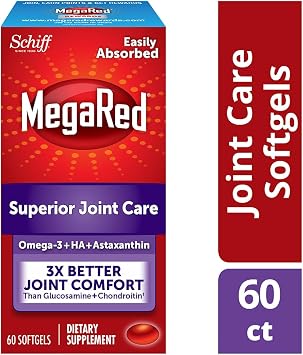 MegaRed 353mg Omega-3 Krill Oil Joint Care Supplement with EPA/DHA Fatty Acids, Antioxidants, Hyaluronic Acid, No Fishy Burp Aftertaste as with Fish Oil, 60 Count Softgels