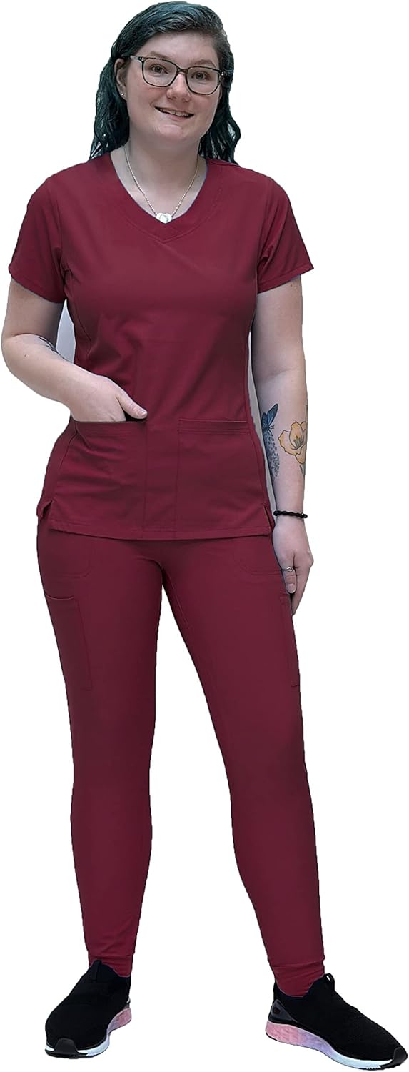 YOGAFLEX Jogger Scrubs for Women Set. Regular and PETITE. Side Spandex 2 Pockets Top with Yoga Waist Joggers
