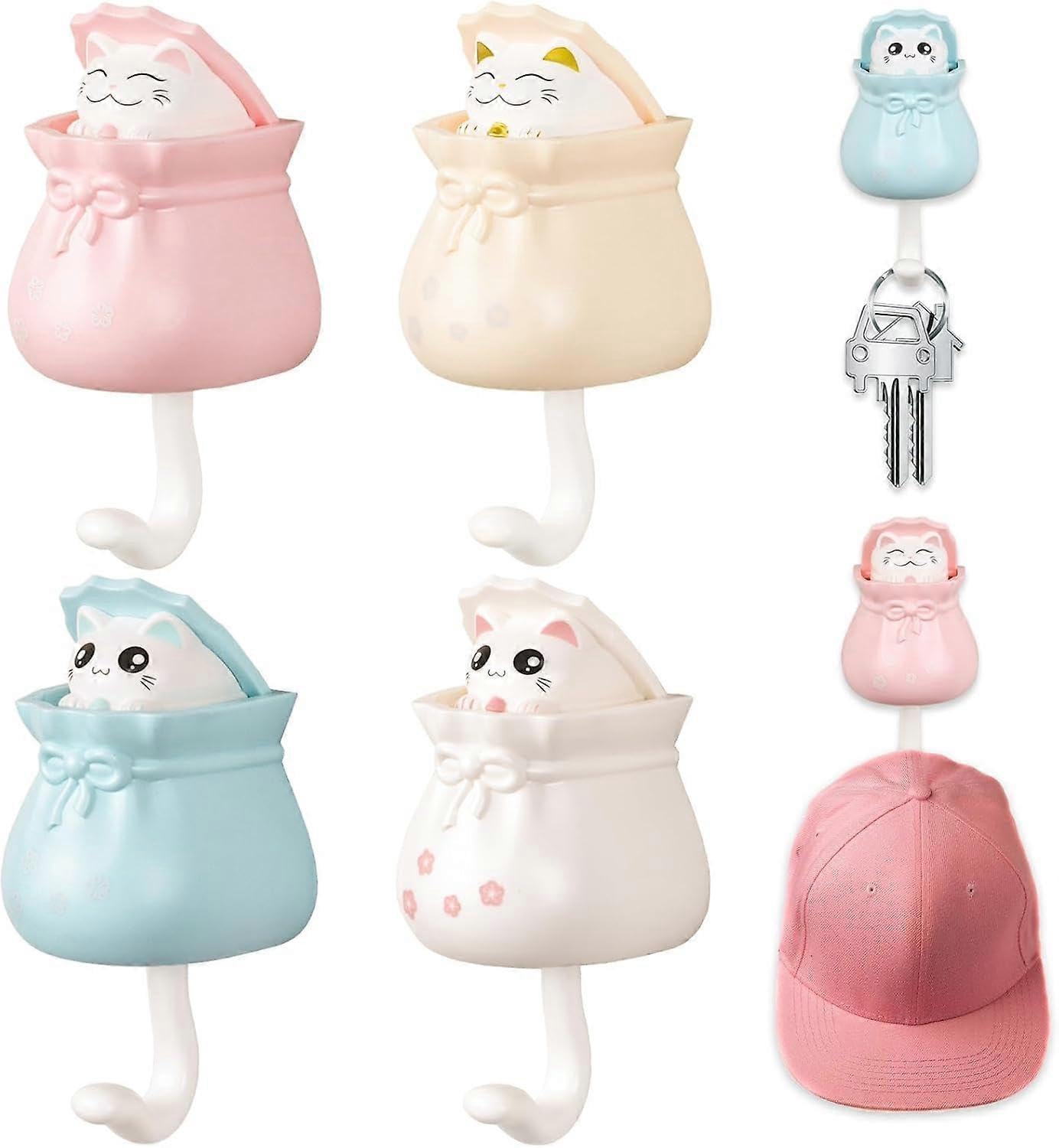 JOYHAPPST 4 Pcs Cute Cat Key Holder, Creative Adhesive Cat Wall Hooks, Cute Room Decor Hook for Coat Scarf Hat Towel Key Bag Wall Decoratives