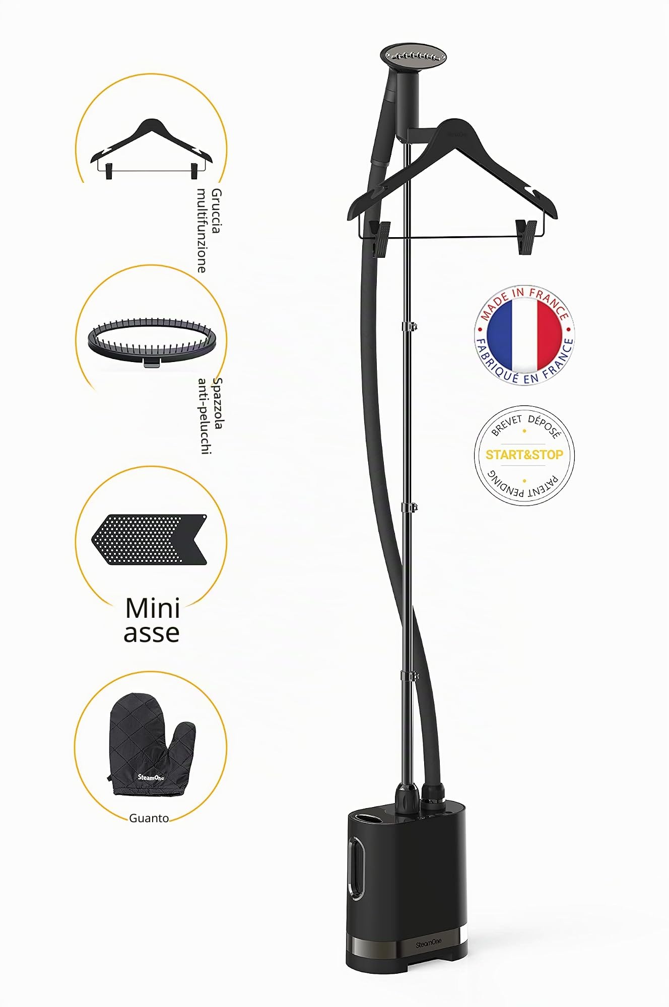 SteamOne Stilys ST70SB - Steamer Professionale 2000W - Stiratrice Verticale con piastra Acciaio Inox, Ferro da Stiro Vapore continuo, Asta telescopica, Serbatoio 1,2L, Accessori inclusi - Alta Qualità
