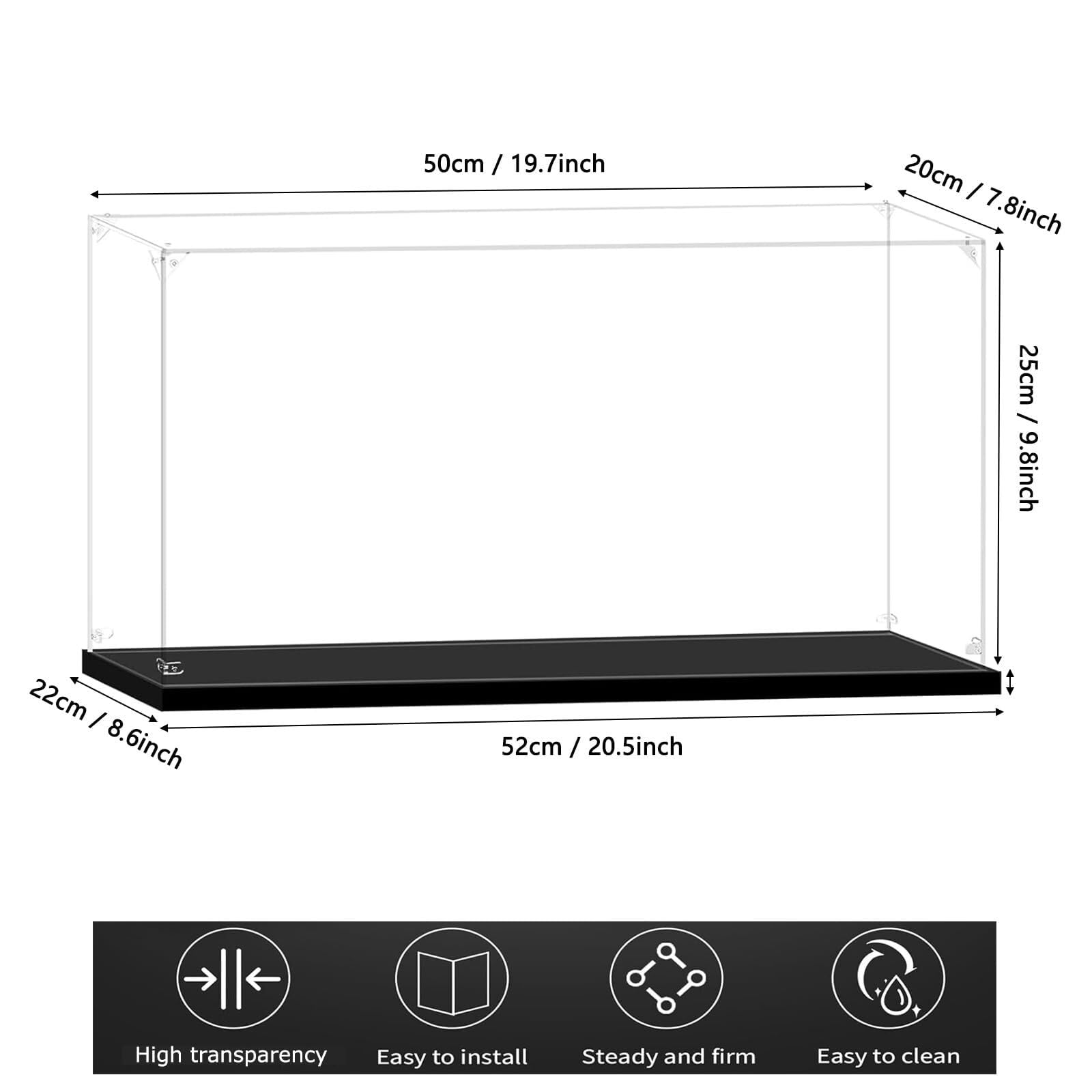 Vitrina de Acrílico Transparente con Base Negra - Caja Expositora a Prueba de Polvo para Figuras de Colección, Juguetes, Modelos y Coches - Montaje Fácil - Protección y Visualización Clara(50x20x25cm)