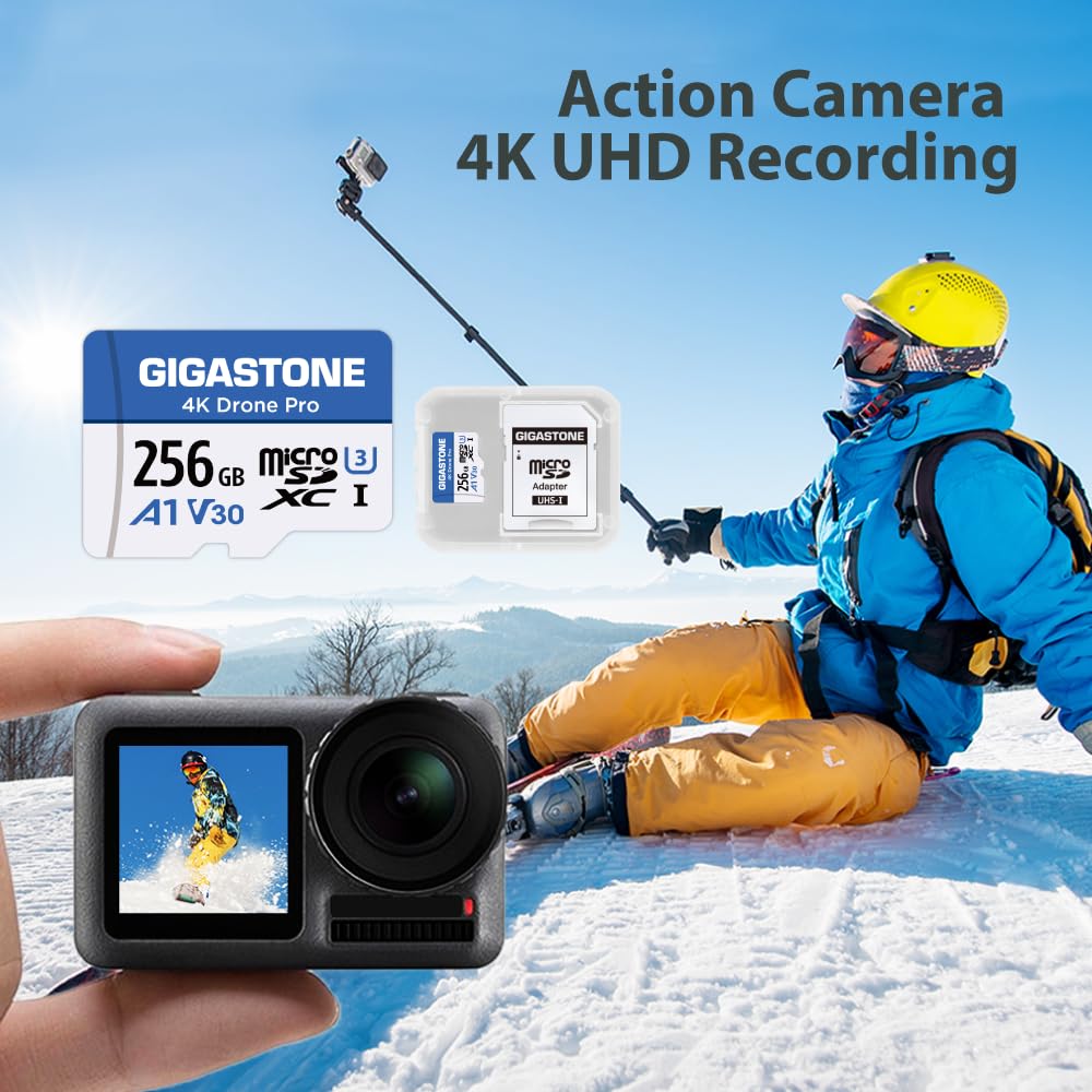 GIGASTONE Carte Micro SD 256 Go, 4K Drone Pro, MicroSDXC pour Wyze Cam, Caméra de Sécurité, Drone DJI ou Caméra d’Action, Enregistrement Vidéo 4K, UHS-I U3 A1 V30, 100 Mo/s, avec Adaptateur