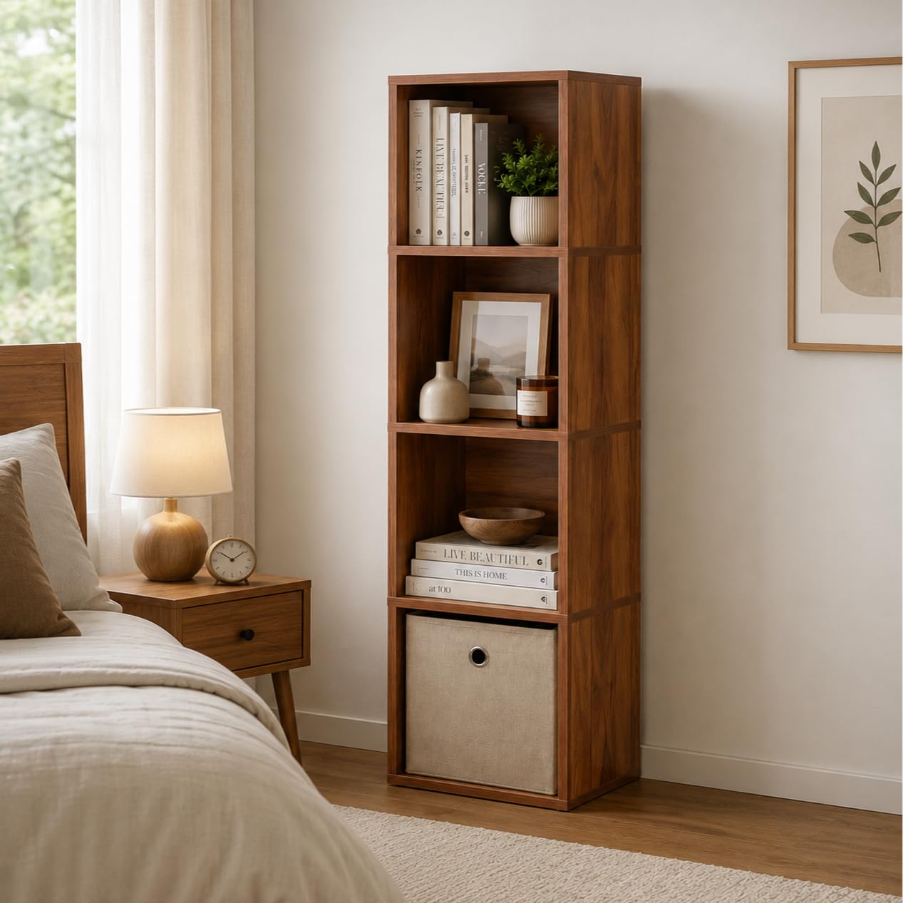 4 Cube Storage Organizer Wooden Bookshelf, 4 Cube Shelf Bookcase, Small Bookshelf Storage Organizer, 4 Cube Storage Shelf for Bedroom, Small Bookshelf for Living Room and Office (Natural)