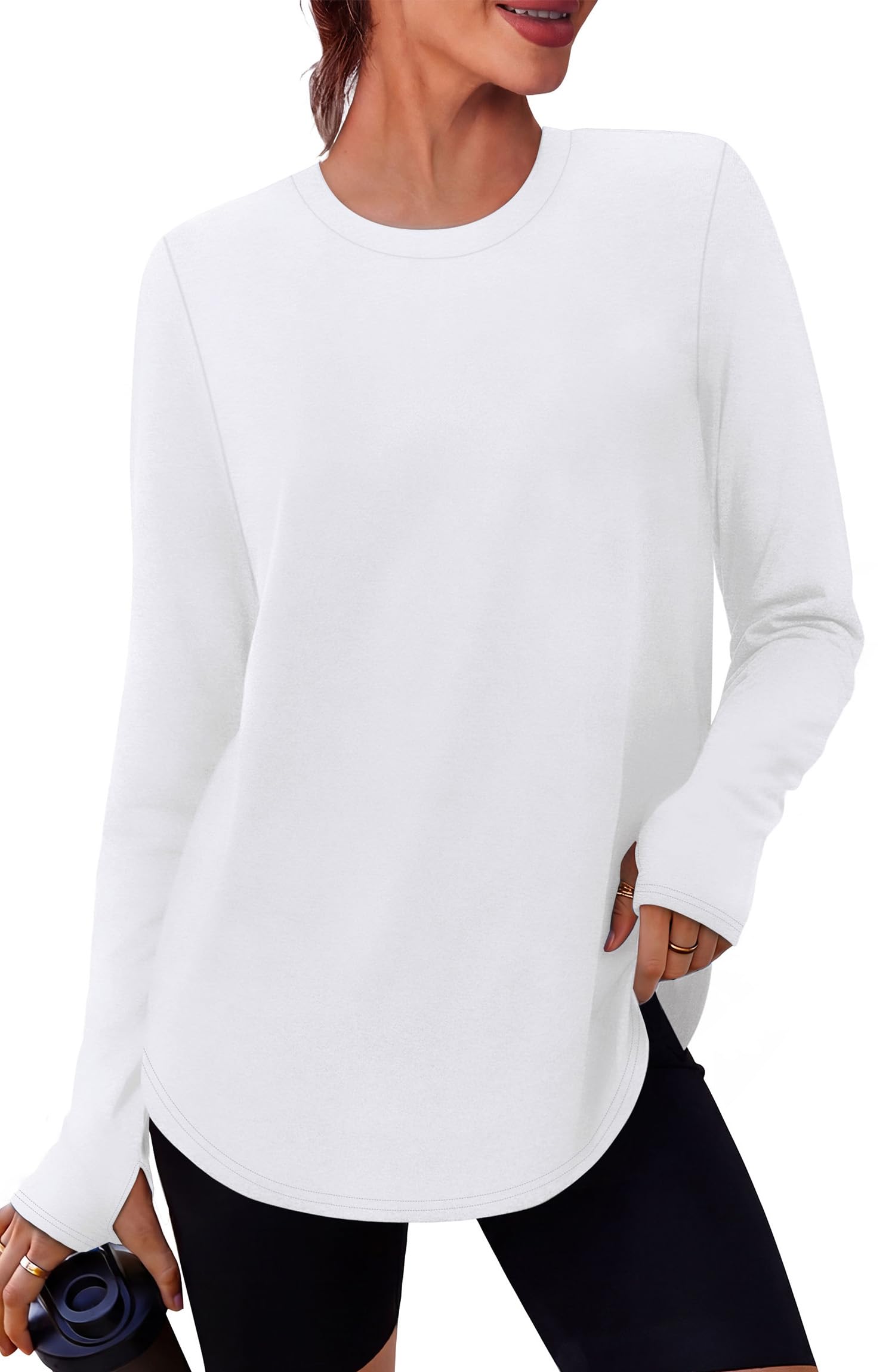 NIASHOT Workout Tops for Women Crewneck Long Sleeve Shirts with Thumb Holes UPF 50+ Sun Shirts for Hiking Running Gym Clothes — view 6